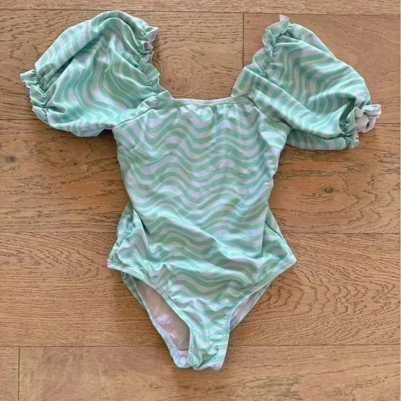 Cotton On Kids One Piece Puff Sleeve Swimsuit Blue Green Size 6 - Picture 1 of 3